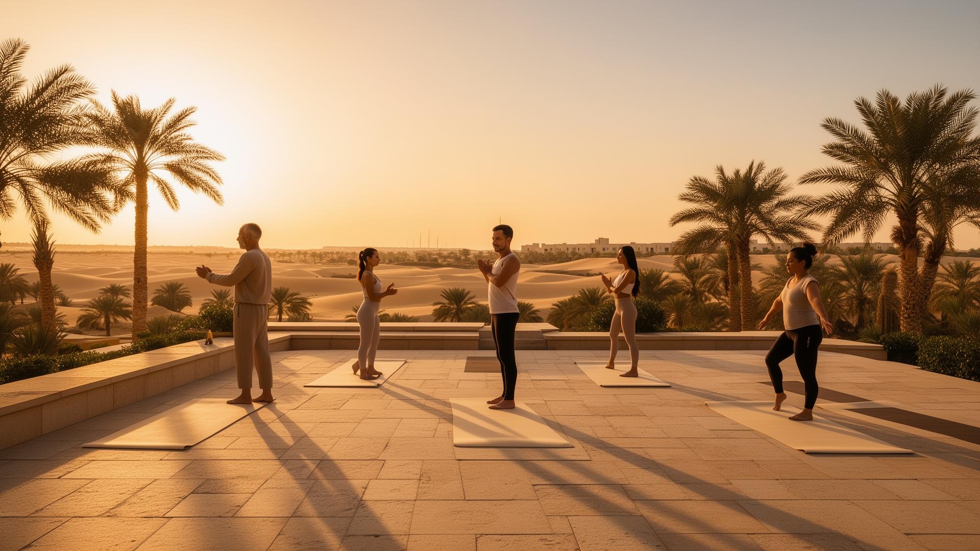 Small group practicing yoga at sunrise on a desert-inspired retreat terrace
